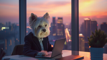 smart white dog wearing suit work on smart computer technology at modern smart technology business office at high floor of skyline in downtown with high building at twilight sunset view in background