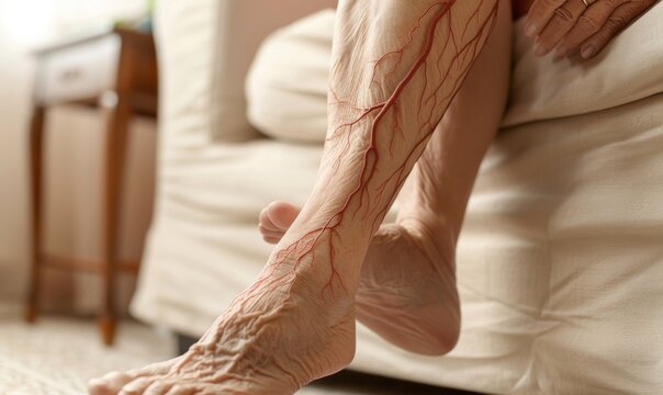 Varicose veins showing the effects of blood clots on the skin of an elderly person