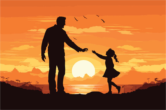 Father and little daughter playing silhouettes, Father playing with daughter on sunset, Silhouette of a little girl and dad sunset background