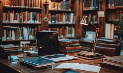 Laptop on library table surrounded by books