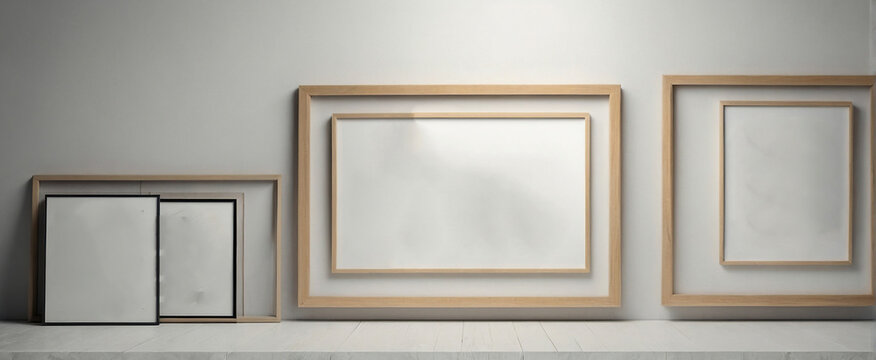 Minimal wooden picture empty poster frame mockup on white wallpaper