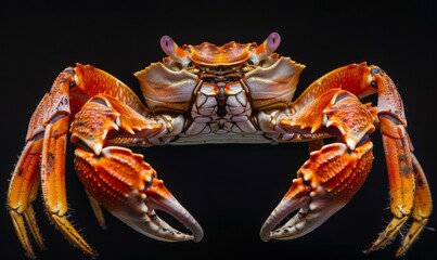 Male ghost crab, highlighting his vibrant orange-red carapace on black background