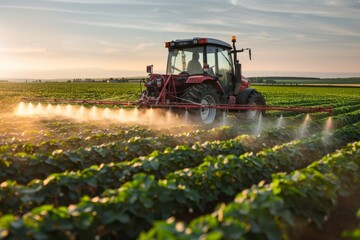 Industrial tractor spraying soybean field at spring in agriculture. Sprays useful pesticides to increase productivity destroys harmful insects.