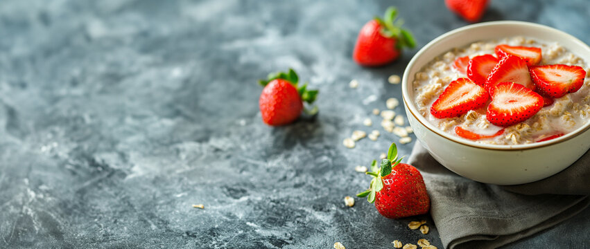 Healthy oatmeal with fresh strawberries in a bowl on a textured gray surface. Banner with copy space