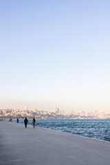 Promenade and park Sarayburnu view of the Bosphorus Strait, European side of the city. Observation deck, vertical photo, tourist part, place for an alley. Travel, what to see in Istanbul