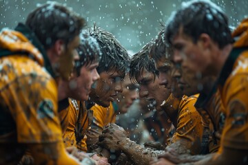 Fototapeta na wymiar Muddy rugby team huddle in the rain