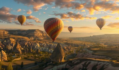 Colorful hot air balloons of Cappadocia float gracefully over the valley - obrazy, fototapety, plakaty