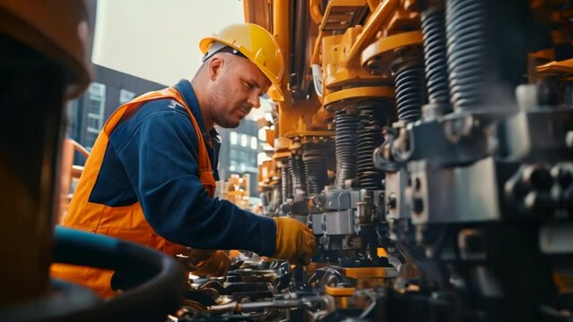 Hydraulic engineer checking safety New installation of modern industrial machinery Collection of industrial work