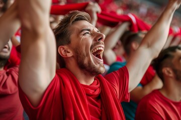 A happy fan wearing a red Tshirt and hat is celebrating in the stadium, cheering with arms in the air, enjoying the entertainment with the crowd - obrazy, fototapety, plakaty