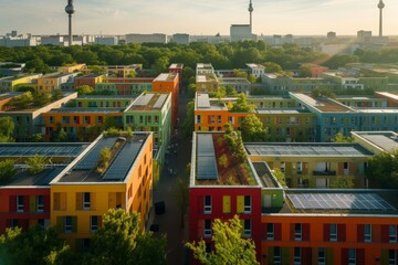 Solar panels are installed on large apartment buildings in residential neighborhoods