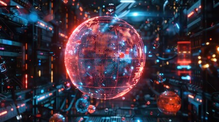 Obraz premium Global Artificial Intelligence and E-Learning A neon globe surrounded by digital data streams and AI algorithms, highlighting the role of AI in modern global education and e-Learning.