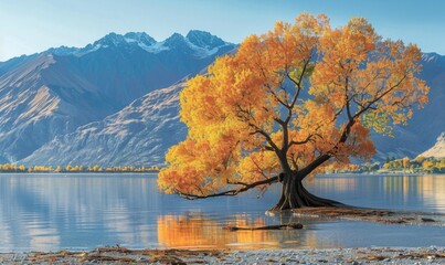 Wanaka tree with its bright yellow leaves reflected in the serene lake against the backdrop of the majestic mountains