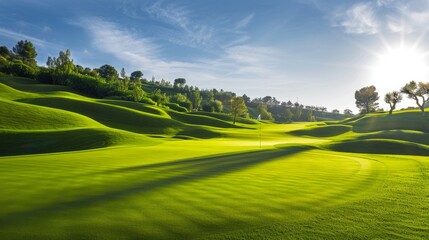 Golf course on sunny day Green grass lush and bunkers are well-maintained. Sky clear blue and there are few white clouds in distance.