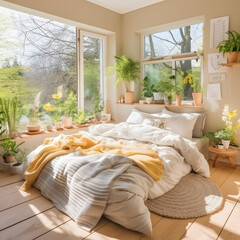 Cozy Bedroom Interior with Bed, Soft Blankets, and a Bunch of Indoor Plants Generative AI
