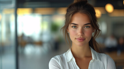 Confident Young Woman Portrait in Modern Office. Portrait of a confident young woman with a serene expression, standing in a bright modern office space. - obrazy, fototapety, plakaty