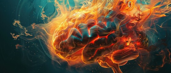 Express the concept of a burning brain using dynamic brush strokes and fluid motion in the artwork.