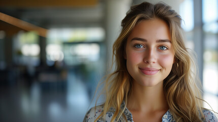 Friendly Young Woman Smiling in Casual Office. Friendly young woman with blonde hair and a warm smile, standing in a casual office setting. - obrazy, fototapety, plakaty