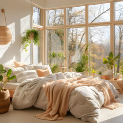 Cozy Bedroom Interior with Bed, Soft Blankets, and a Bunch of Indoor Plants Generative AI
