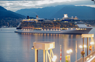 Modern cruiseship cruise ship liner Solstice arrives into port of Vancouver, Canada from Alaska...