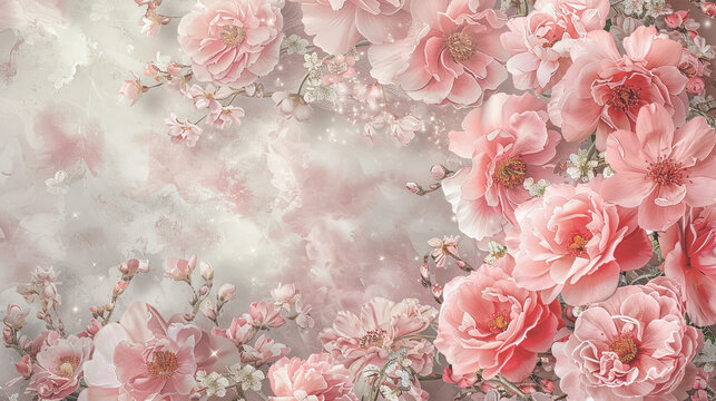 Wallpaper with pink roses and free space for text.