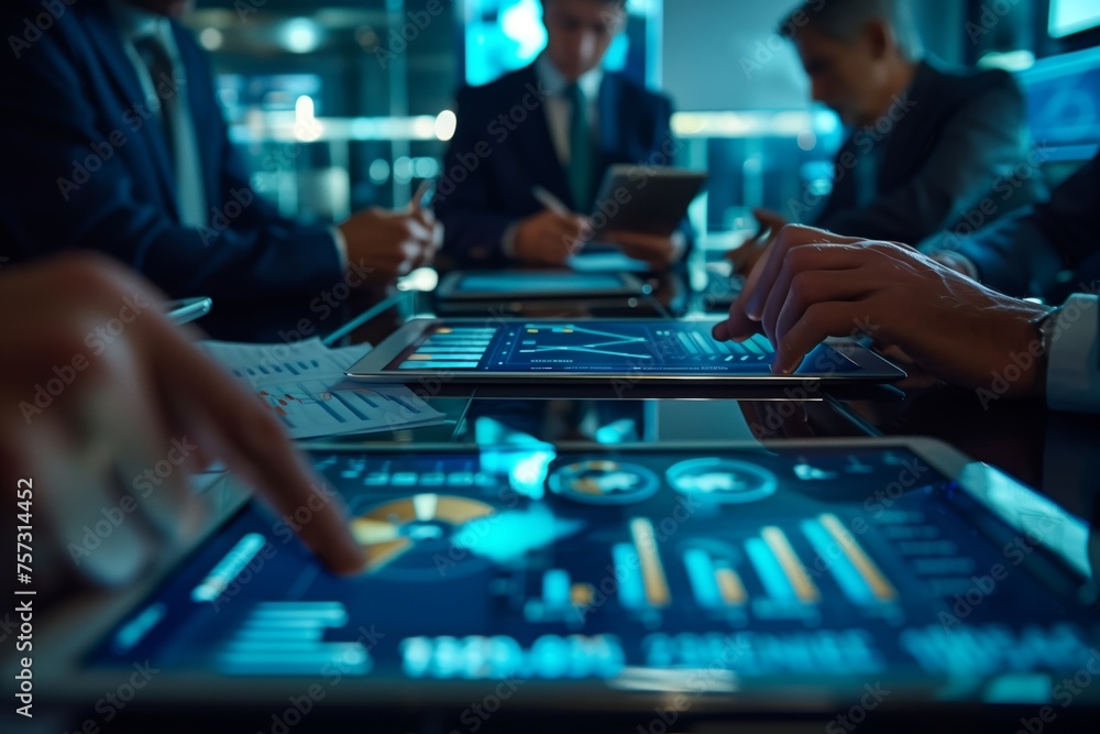 Poster corporate team collaborating on financial project. team of professionals works on a high-tech financ