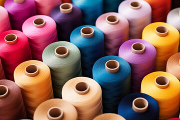 Colorful spools of thread in shades of purple, magenta, yellow, beige and electric blue. Threads used for sewing, tailoring, stitching, needlework and embroidery