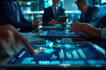 Corporate Team Collaborating on Financial Project. Team of professionals works on a high-tech financial project using digital tablets and interactive analytics in a corporate environment.