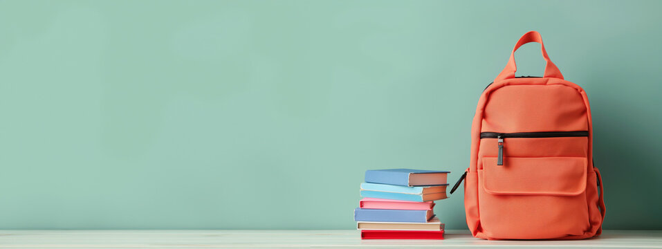 Back to school concept with backpack and books. Blue backpack rests on a stack of color-coded books against a pink background. Banner with copy space