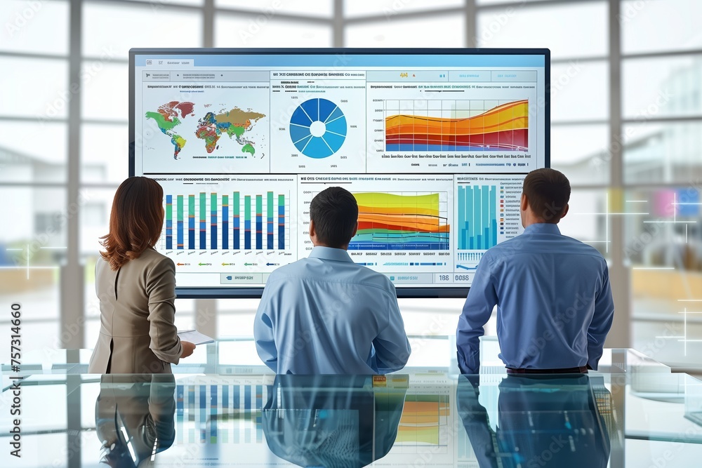 Poster professionals analyzing data on large computer screen. three professionals in a modern office settin