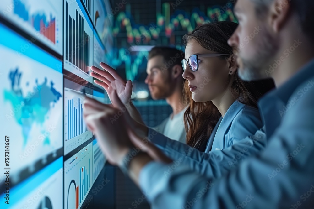Poster team of analysts working on financial forecast. group of analysts works collaboratively on predictin