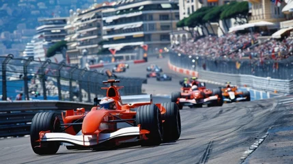 Poster Red race car in motion with blurred competing cars in background. Formula One motor racing event © master1305