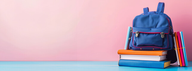 Back to school concept with backpack and books. Blue backpack rests on a stack of color-coded books against a pink background. Banner with copy space - Powered by Adobe