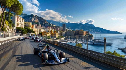 Fototapeta premium Formula One Racing Event Poster. Essence of Formula One race with a high-speed car on track with bustling city on background.