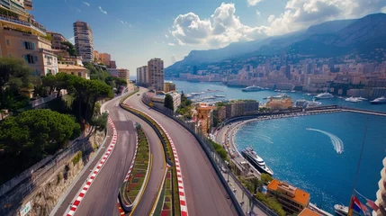 Foto op Canvas Aerial view of Formula One race track with the Monaco skyline in the background. Poster for a motorsport event highlighting the excitement of racing. © master1305
