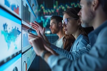 Team of Analysts Working on Financial Forecast. Group of analysts works collaboratively on predicting market trends using advanced graphical data interfaces.