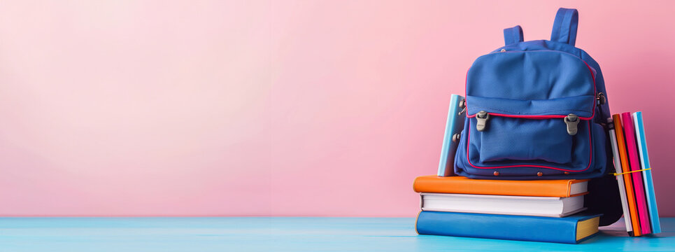 Back to school concept with backpack and books. Blue backpack rests on a stack of color-coded books against a pink background. Banner with copy space