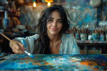 Obraz premium Smiling painter in a creative workspace