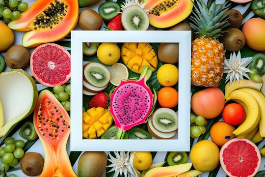 A white frame filled with tropical fruits.