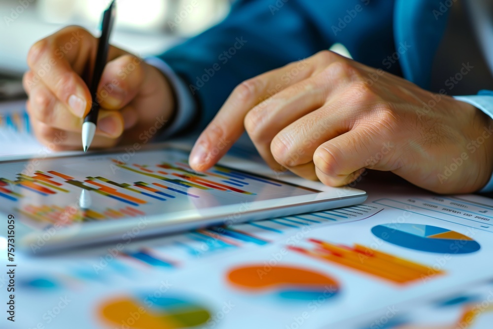 Poster close-up of business professional analyzing data on tablet. close-up view of a business professional