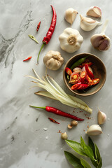 Top view of Thai curry ingredients with copy space for text. Food background. Generative AI. - 757315023