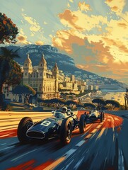 Two Formula One race cars in motion on race track with castle and fascinating view on background. Watercolor art