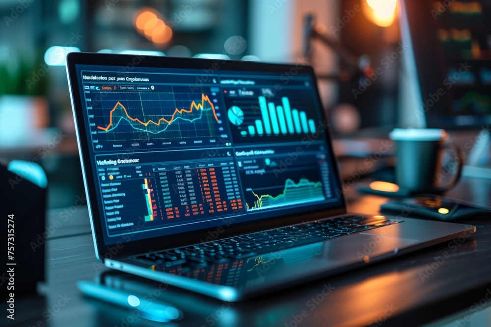 Poster laptop displaying sophisticated financial analytics. open laptop screen shows complex cryptocurrency