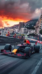 Foto op Plexiglas Formula One race car driving on race track during f1 competition on blurred background showing buildings on bright sunset © master1305