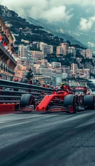 Gordijnen Monaco event. Formula One race car driving on race track during f1 competition on blurred background showing buildings. © master1305