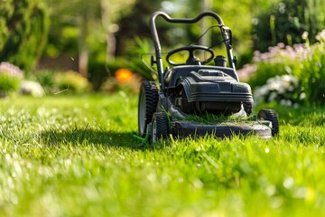 Lawn mower cutting green grass in backyard, mowing lawn