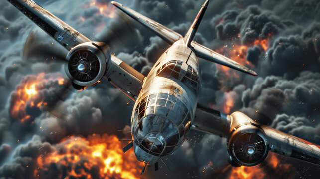 A classic WWII American Bomber the B-25 releasing its ordinance resulting in a massive explosion and a successful mission
