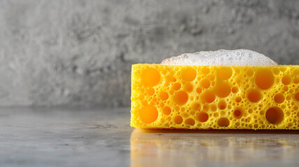 Yellow sponge with foam on grey background - obrazy, fototapety, plakaty