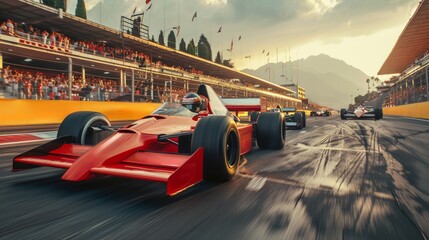 Formula One car speeding down section of the race track with blurred competing cars on background and sport fans on tribune - obrazy, fototapety, plakaty