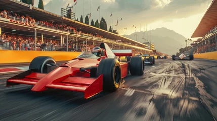 Foto op Aluminium Formula One car speeding down section of the race track with blurred competing cars on background and sport fans on tribune © master1305