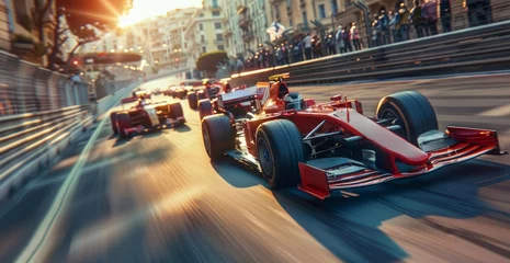 Poster Formula One racing event. Racing car in motion with high speed riding along the street road with blurred competing cars on background © master1305